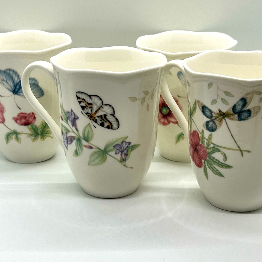Four (4) Lenox Butterfly Meadow Porcelain Mugs (12 oz)
